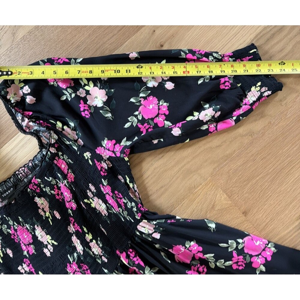 NWT Torrid Black Pink Floral Smock Midi Dress 2 Milkmaid Peasant Puff 3/4 Sleeve - Picture 16 of 16